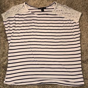 White and blue top with laced shoulders